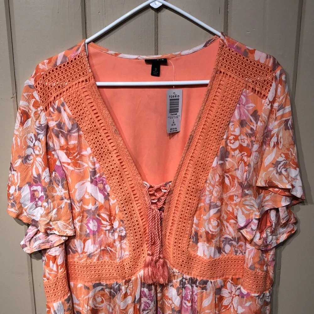 3X low cut lace up coral white floral print maxi dress crochet cut out details - Picture 2 of 14